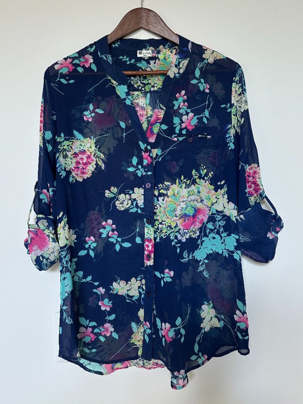 🌸 KUT from the Kloth Floral Sheer Blouse Large Navy and Pink 🌸